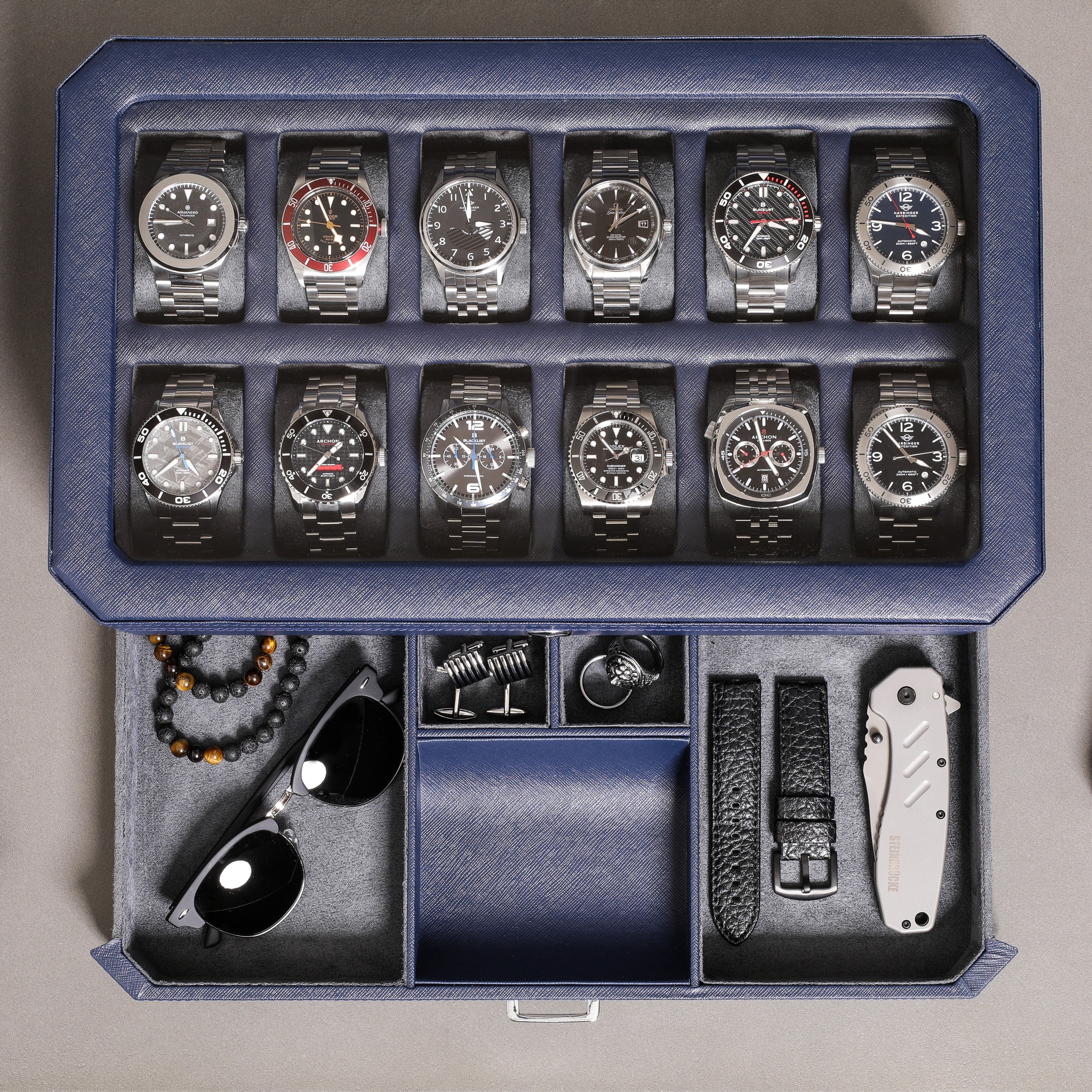 12 Slot Watch Box with Drawer (Dark Blue / Grey) - Image 3