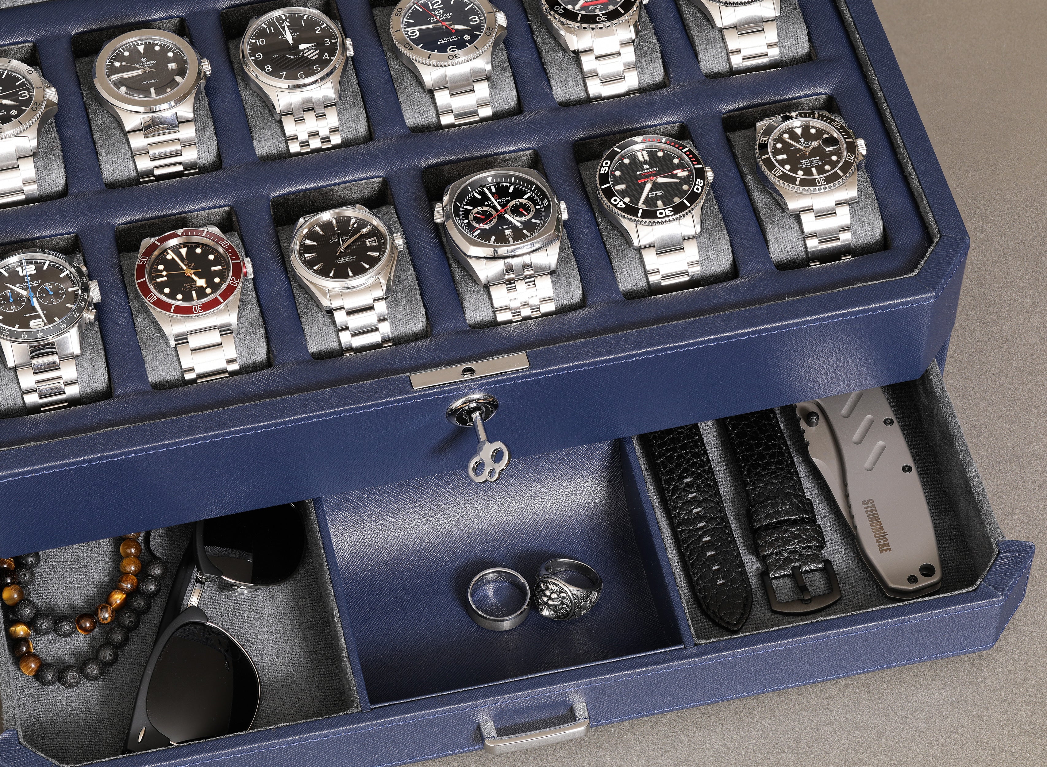 12 Slot Watch Box with Drawer (Dark Blue / Grey) - Image 6