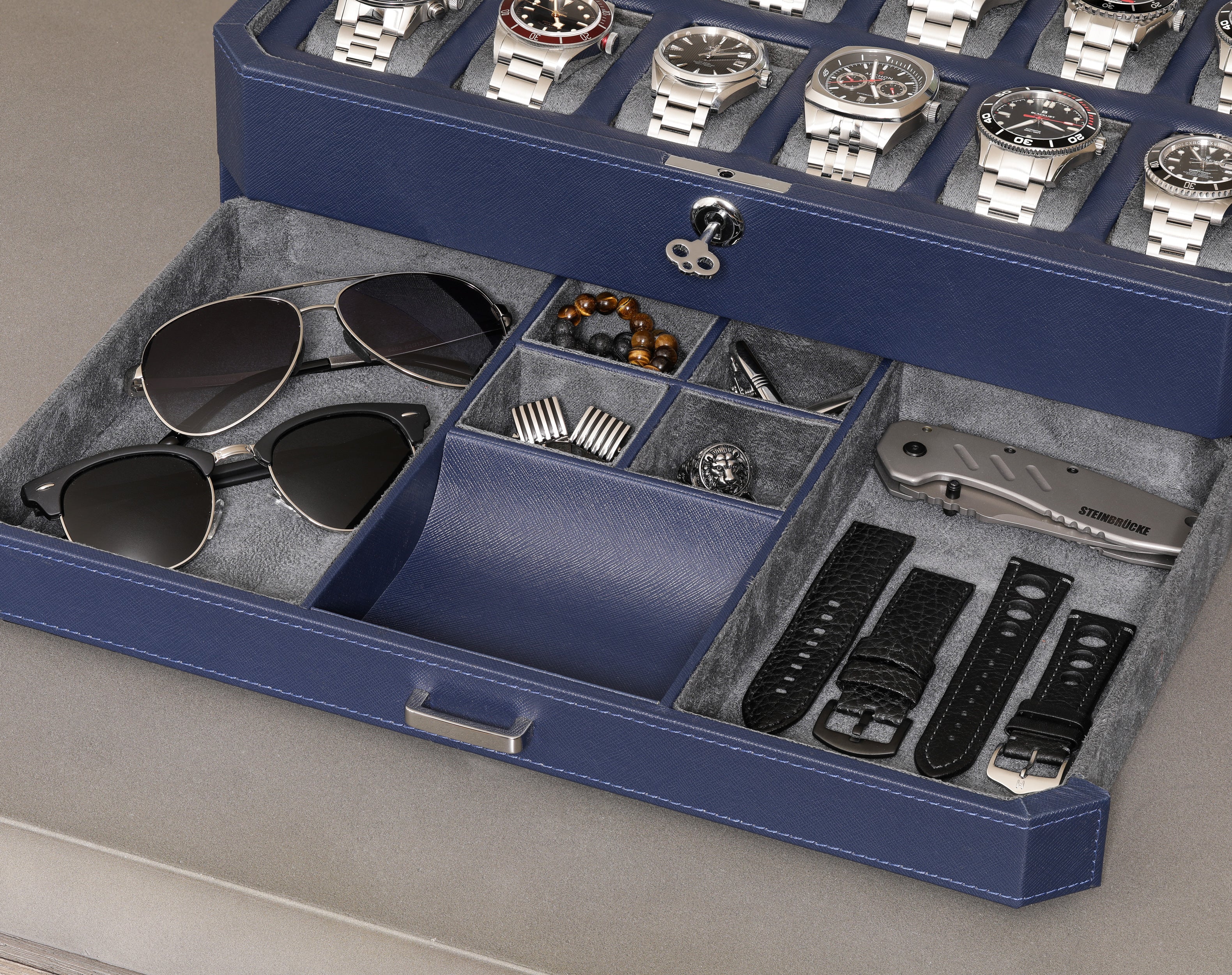 12 Slot Watch Box with Drawer (Dark Blue / Grey) - Image 7
