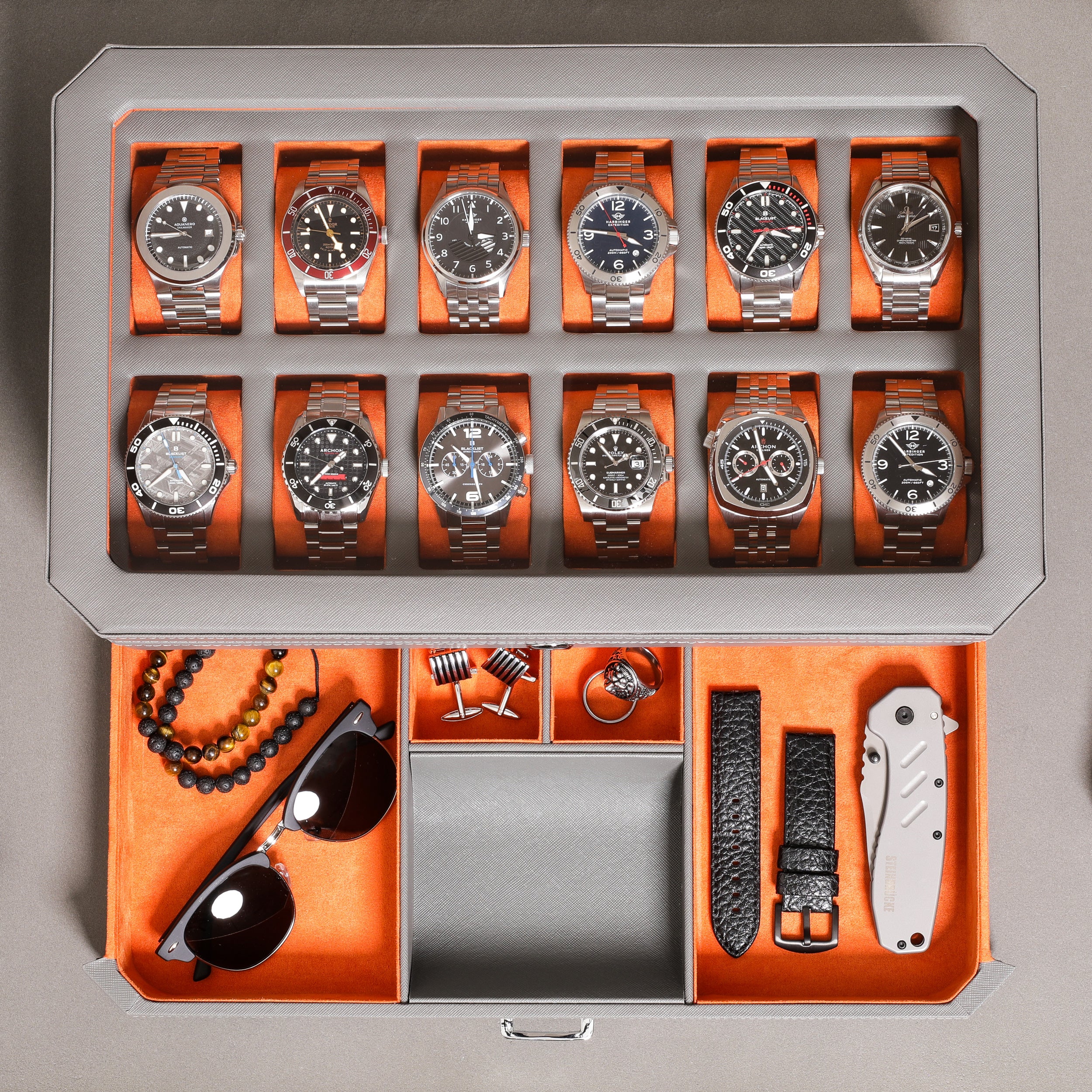 12 Slot Watch Box with Drawer (Grey / Orange) - Image 3