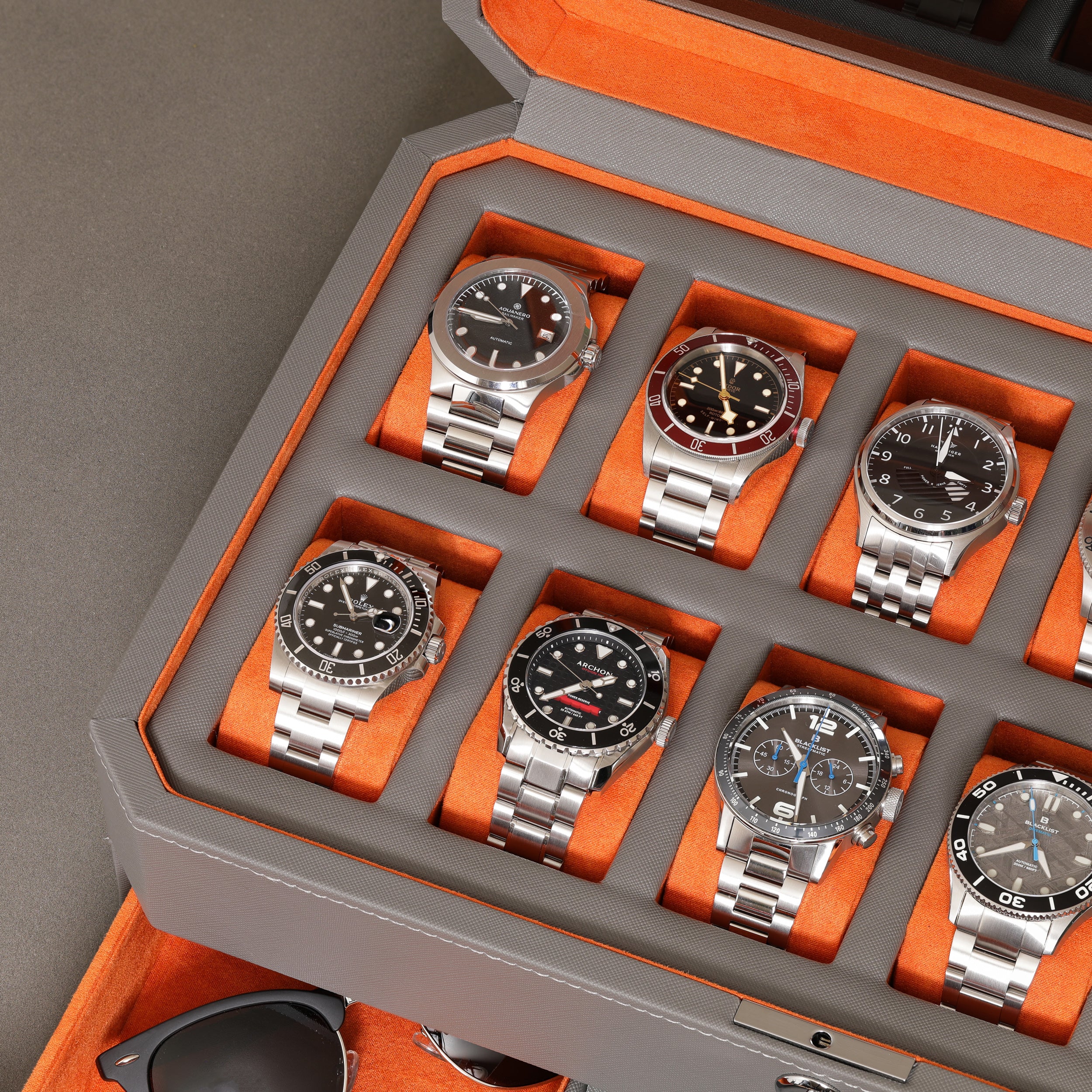 12 Slot Watch Box with Drawer (Grey / Orange) - Image 4