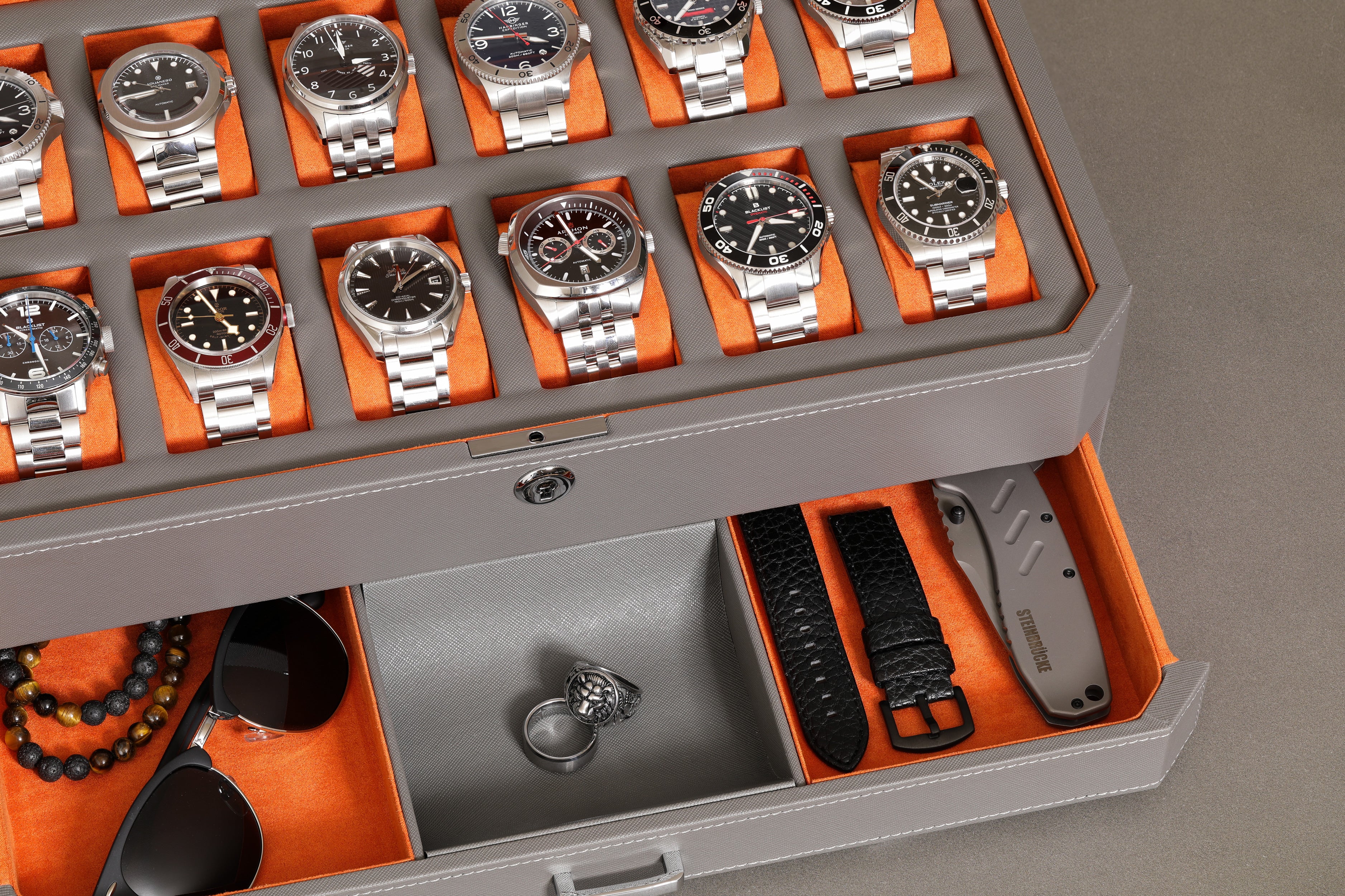 12 Slot Watch Box with Drawer (Grey / Orange) - Image 6