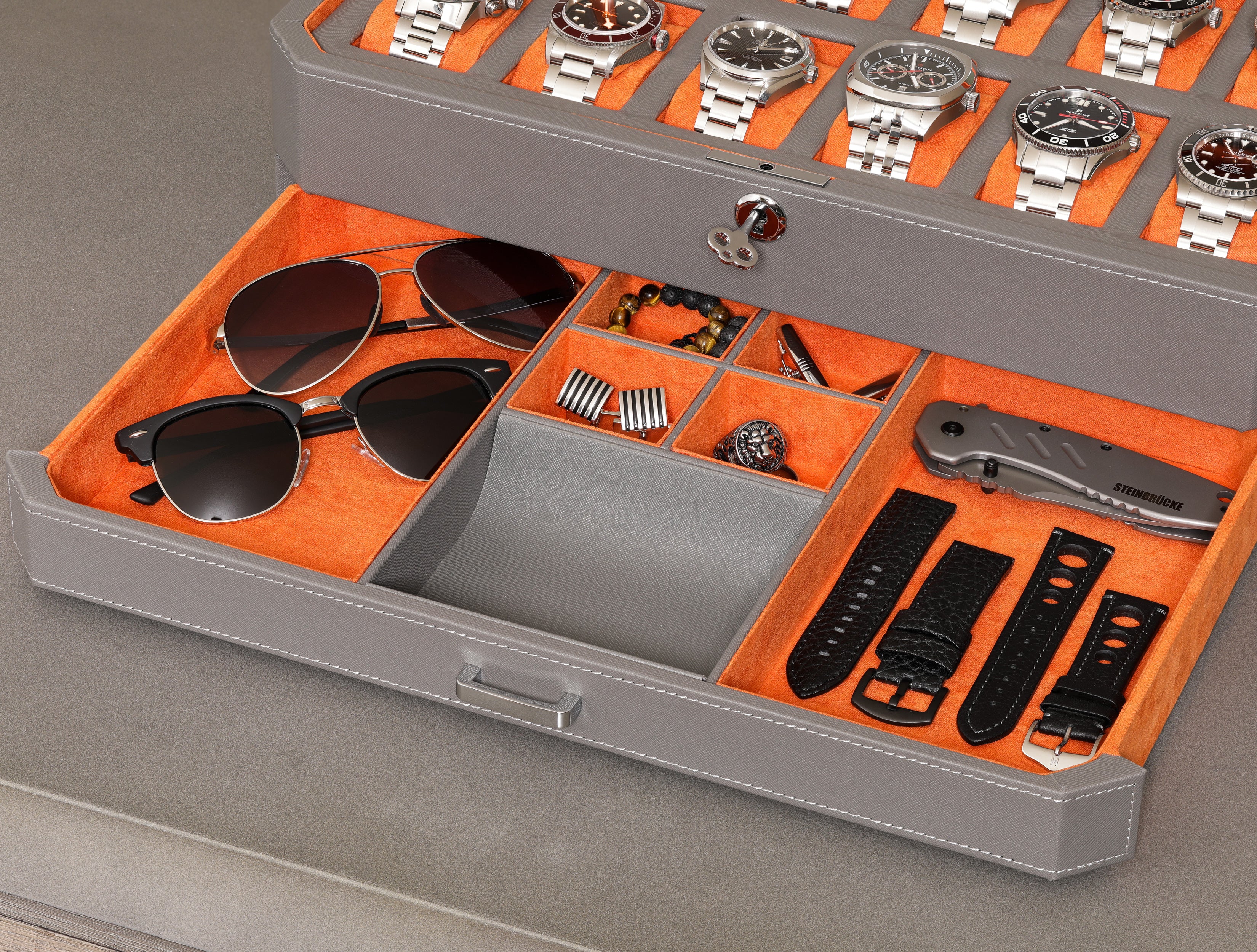 12 Slot Watch Box with Drawer (Grey / Orange) - Image 7