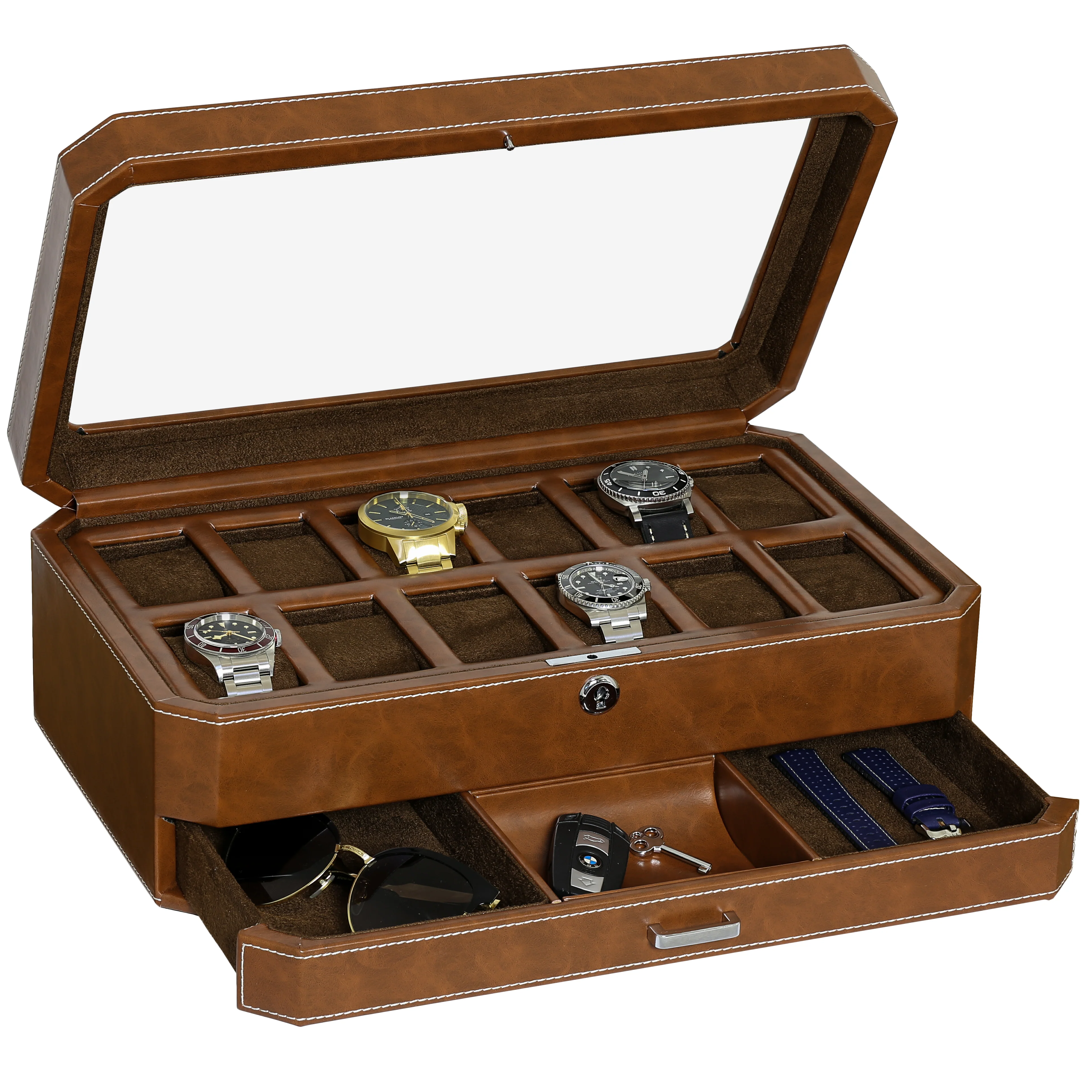 12 Slot Watch Box with Drawer (Tan / Brown) - Image 3