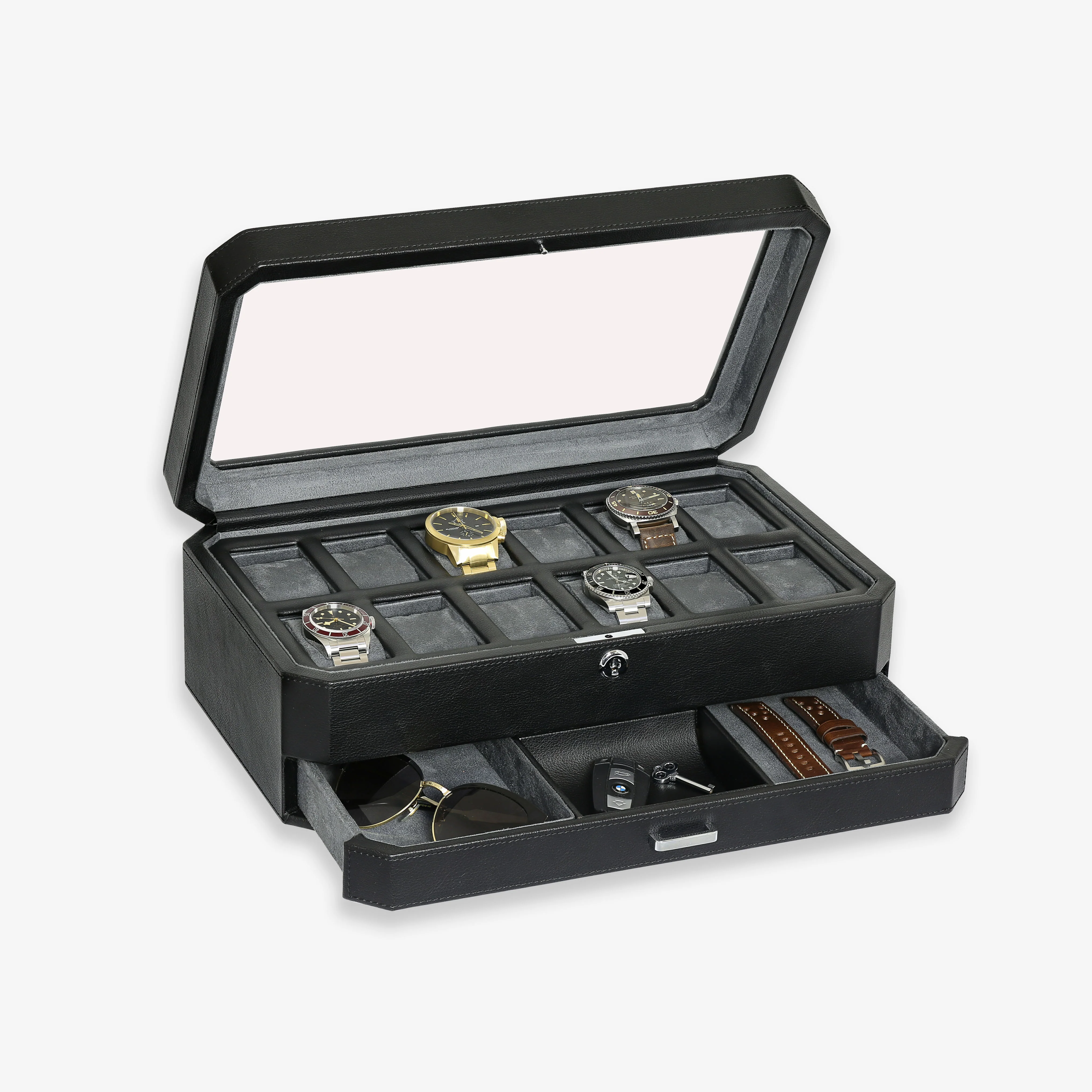 12 Slot Watch Box with valet drawer (Black / Gray) - Image 3
