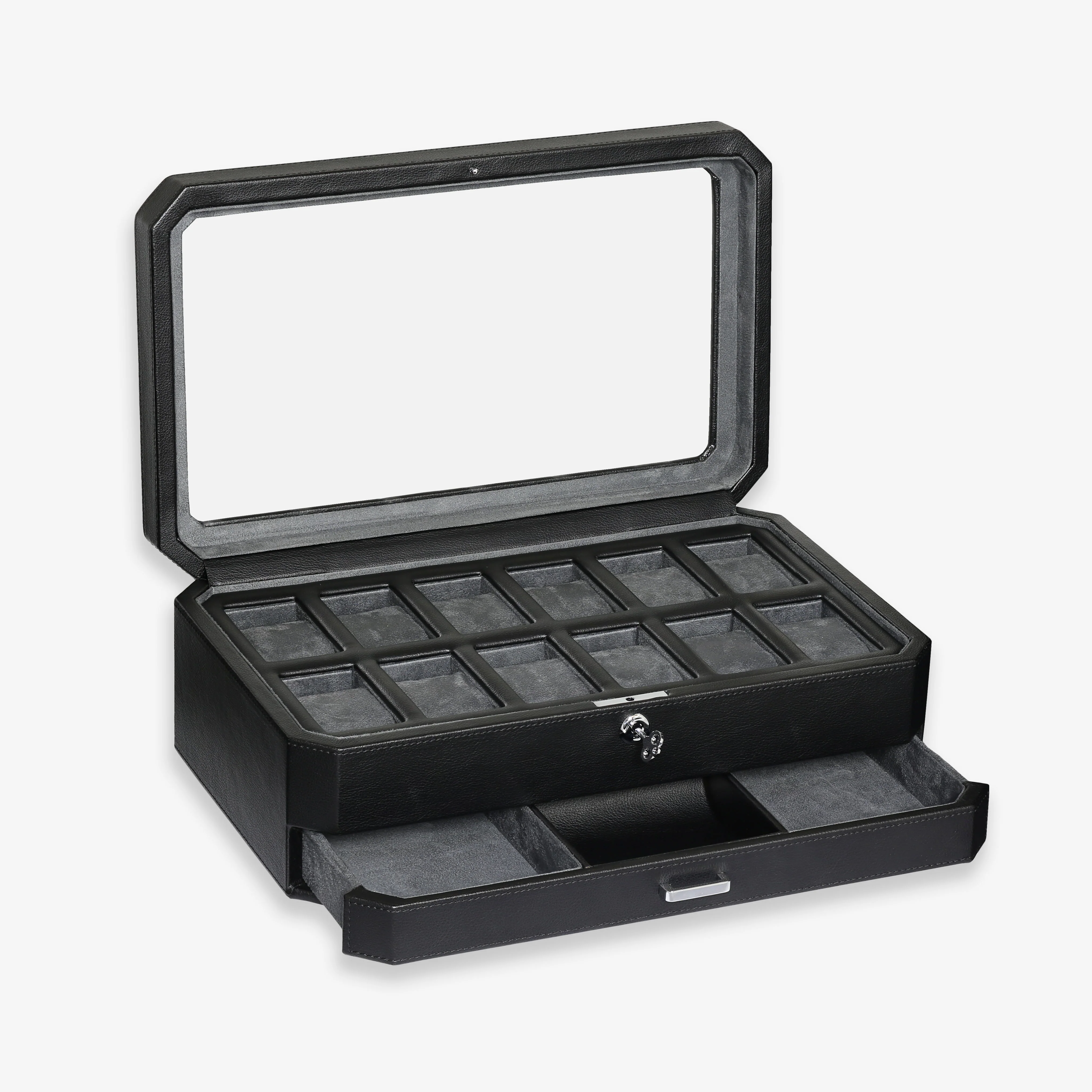 12 Slot Watch Box with valet drawer (Black / Gray) - Image 5