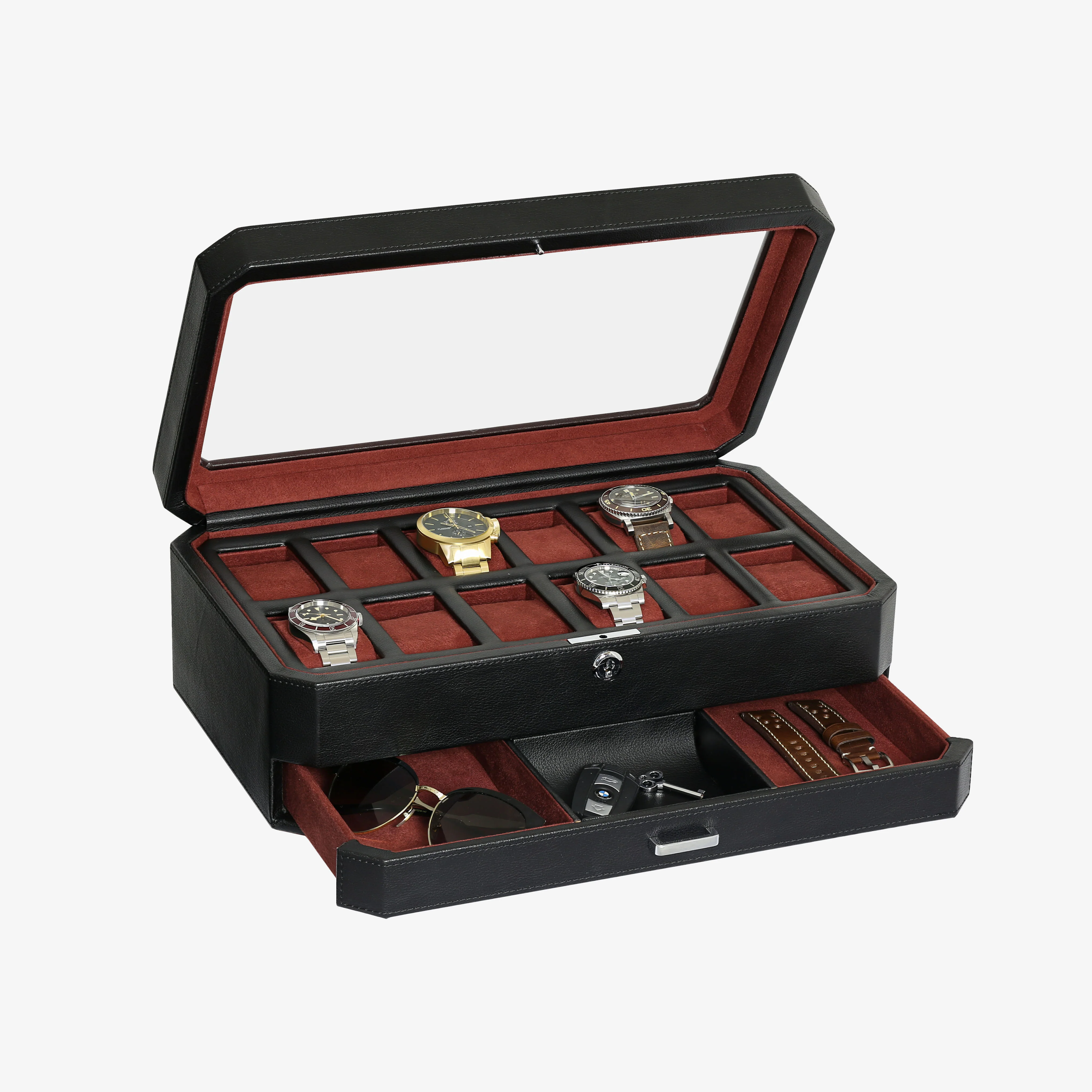 12 Slot Watch Box with Drawer (Black / Red) - Image 4