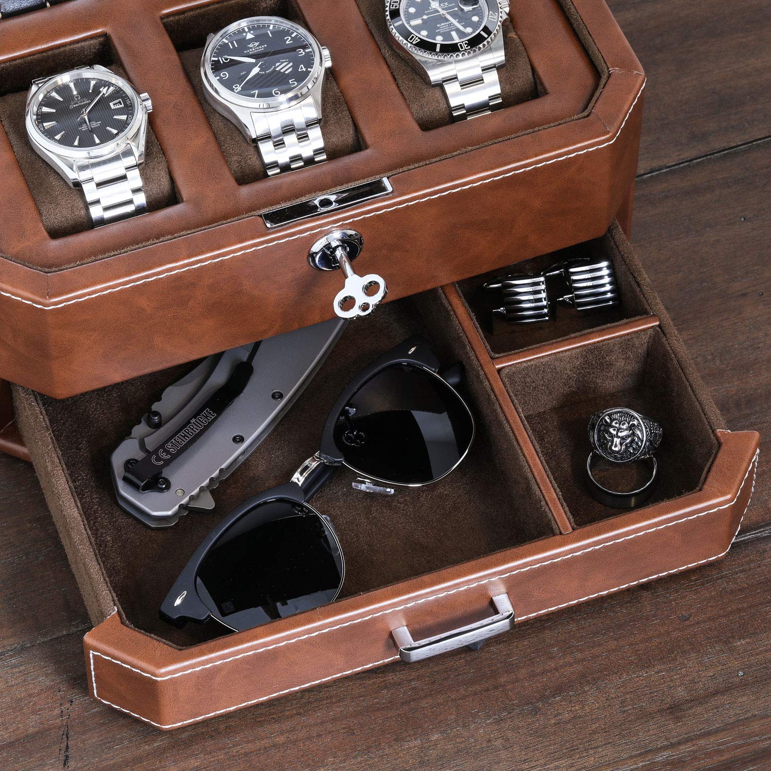 ROTHWELL Gift Set 6 Slot Watch Box and 2 Watch Travel Case (Tan/Brown) - Image 3