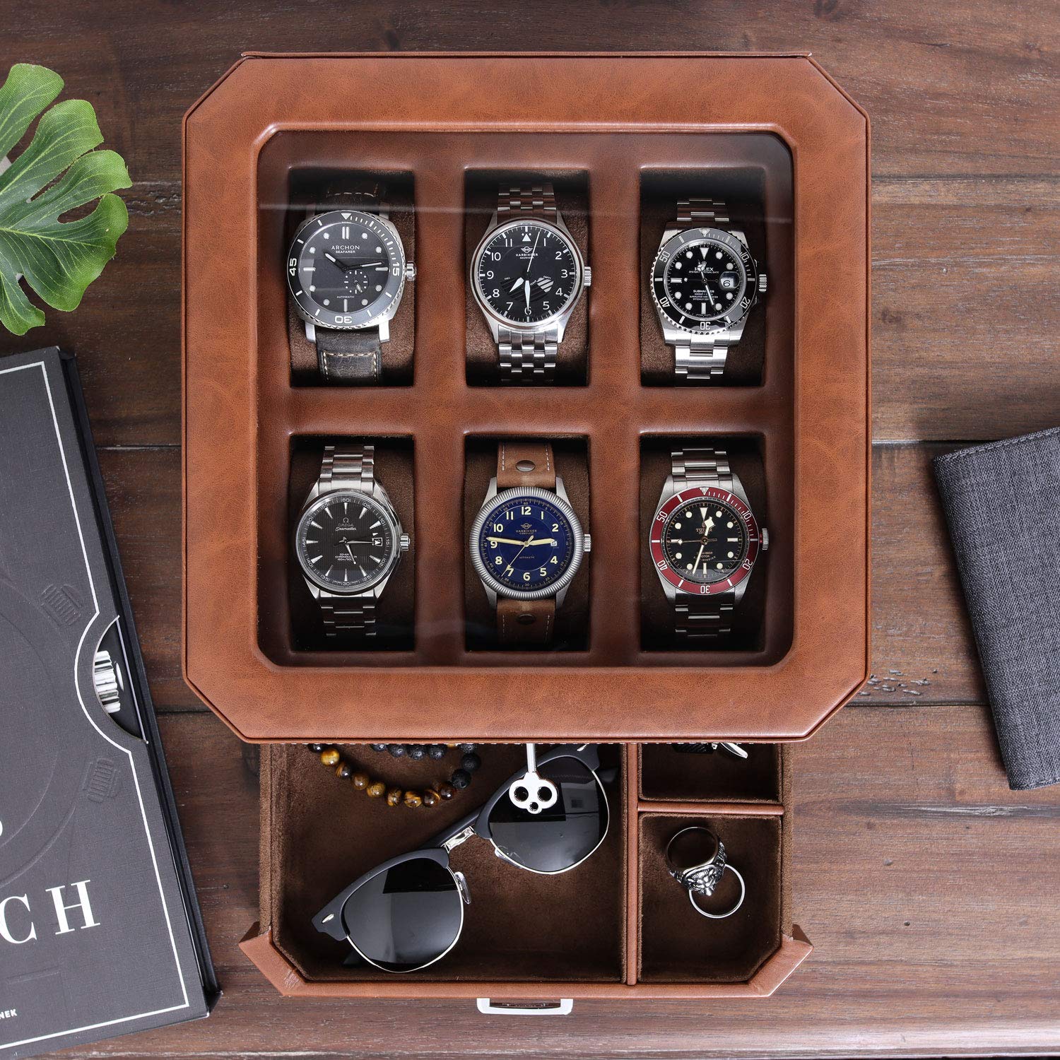 ROTHWELL Gift Set 6 Slot Watch Box and 2 Watch Travel Case (Tan/Brown) - Image 7