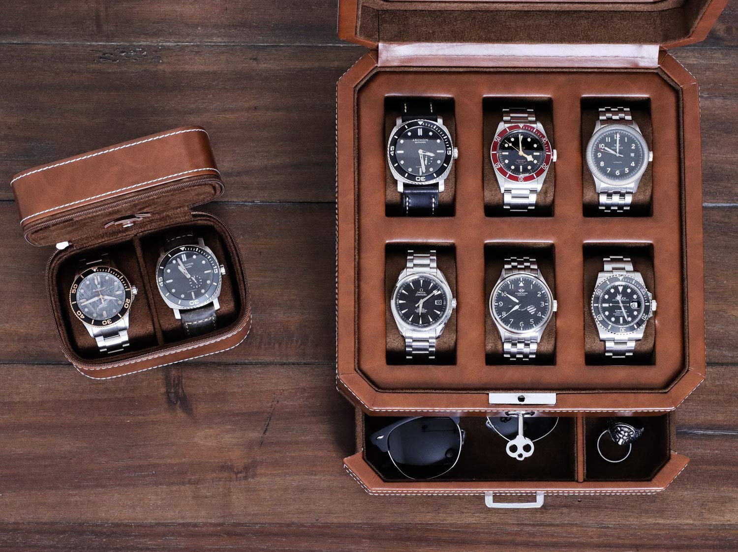 ROTHWELL Gift Set 6 Slot Watch Box and 2 Watch Travel Case (Tan/Brown) - Image 9