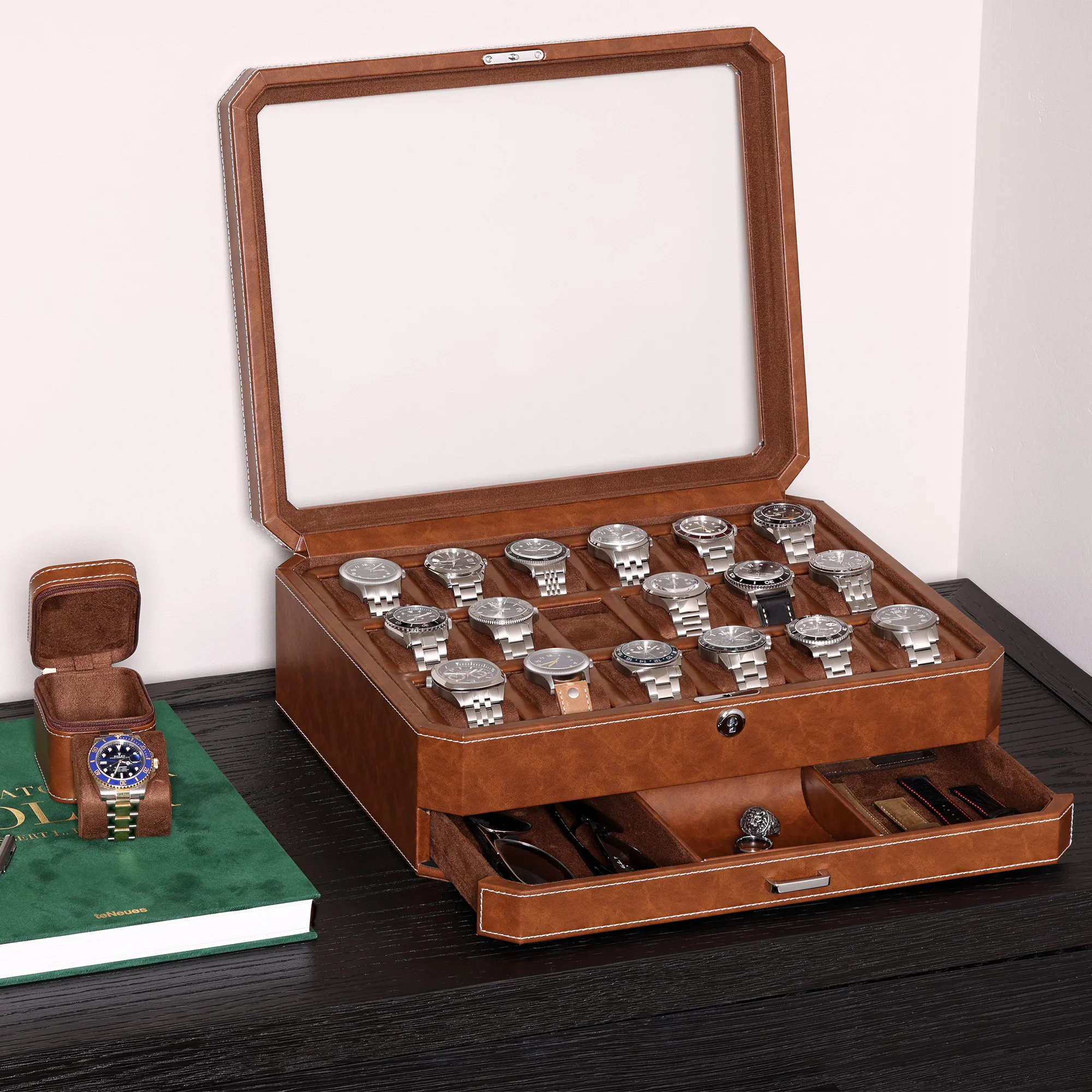 ROTHWELL 18 Slot Watch Case with Drawer (Tan/Brown) - Image 4