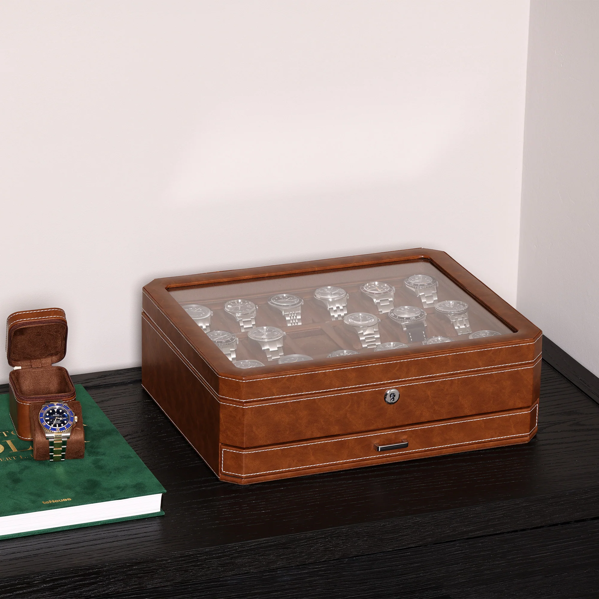 ROTHWELL 18 Slot Watch Case with Drawer (Tan/Brown) - Image 5