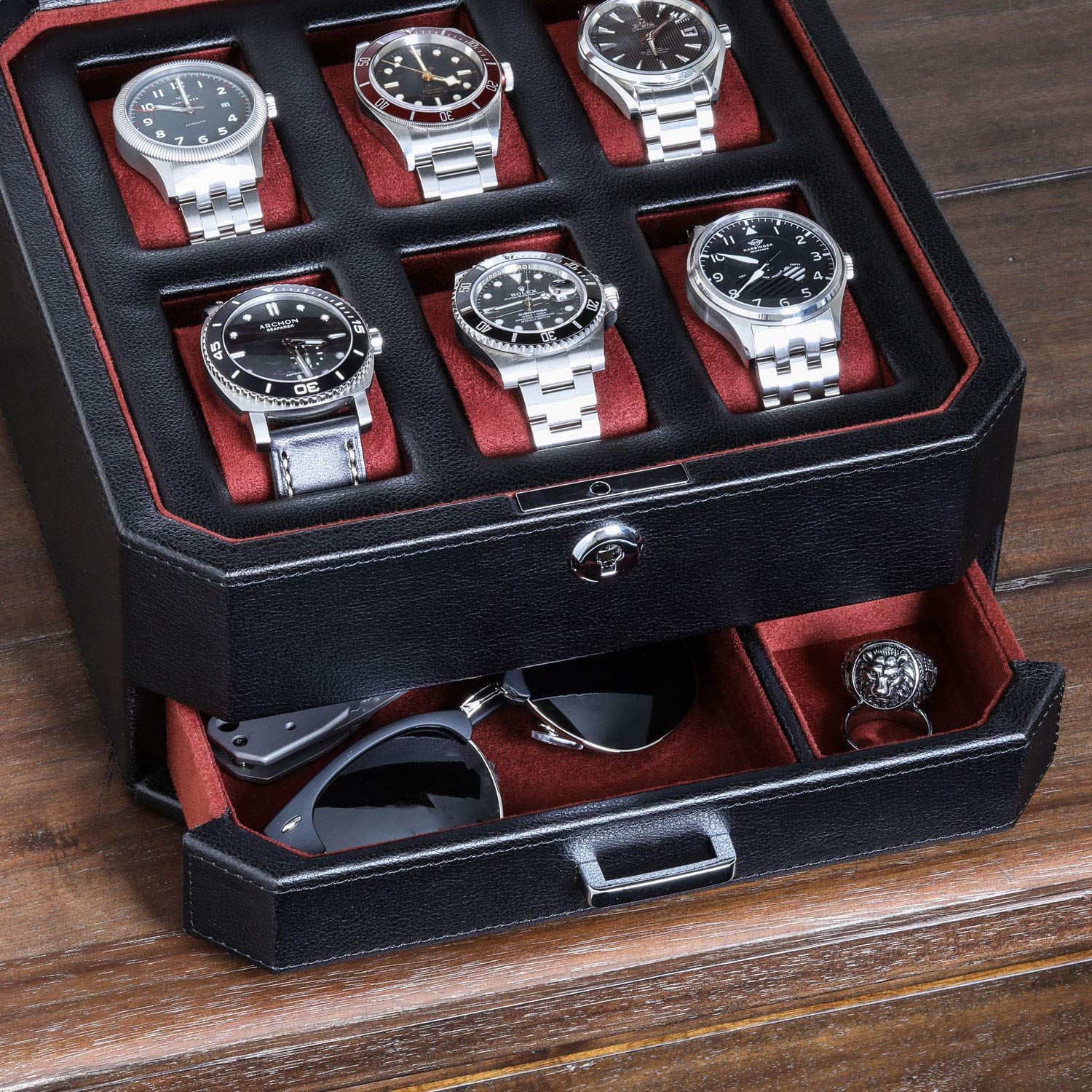 ROTHWELL Gift Set 6 Slot Leather Watch Box and 2 Watch Travel Case (Black/Red) - Image 3