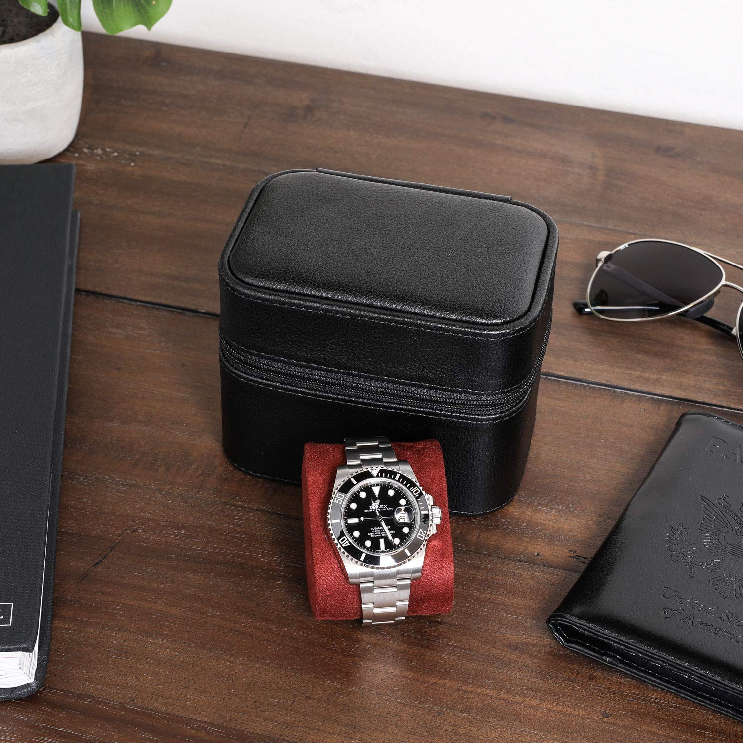ROTHWELL Gift Set 6 Slot Leather Watch Box and 2 Watch Travel Case (Black/Red) - Image 4