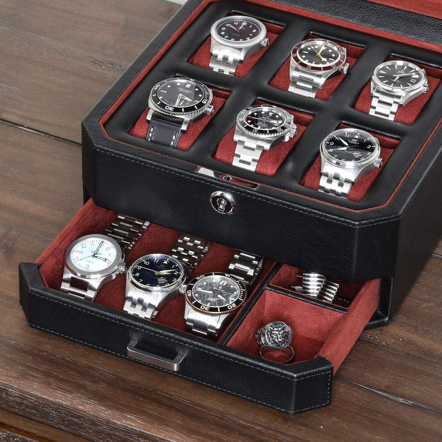 ROTHWELL Gift Set 6 Slot Leather Watch Box and 2 Watch Travel Case (Black/Red) - Image 5