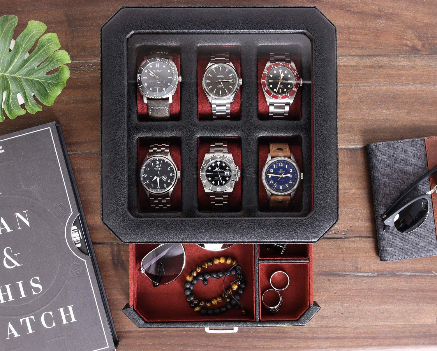 ROTHWELL Gift Set 6 Slot Leather Watch Box and 2 Watch Travel Case (Black/Red) - Image 7