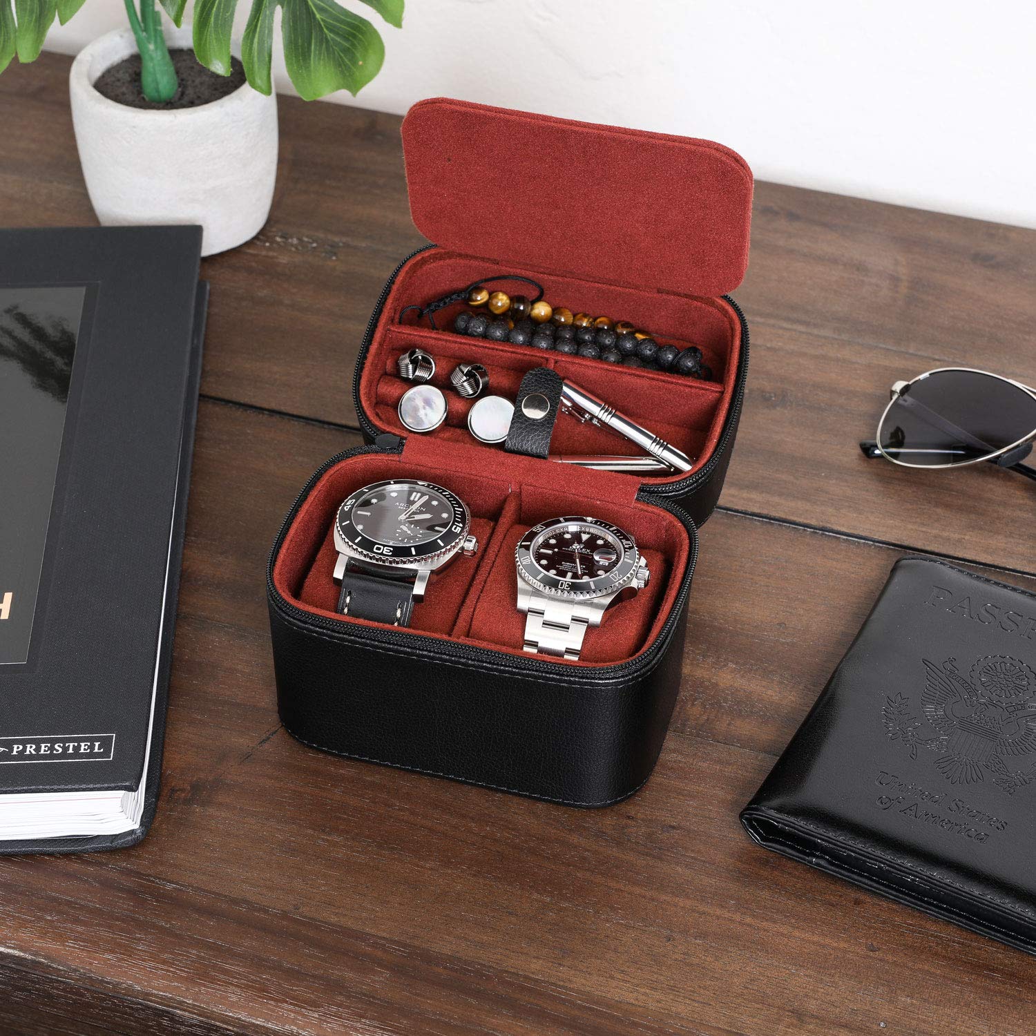 ROTHWELL Gift Set 6 Slot Leather Watch Box and 2 Watch Travel Case (Black/Red) - Image 8