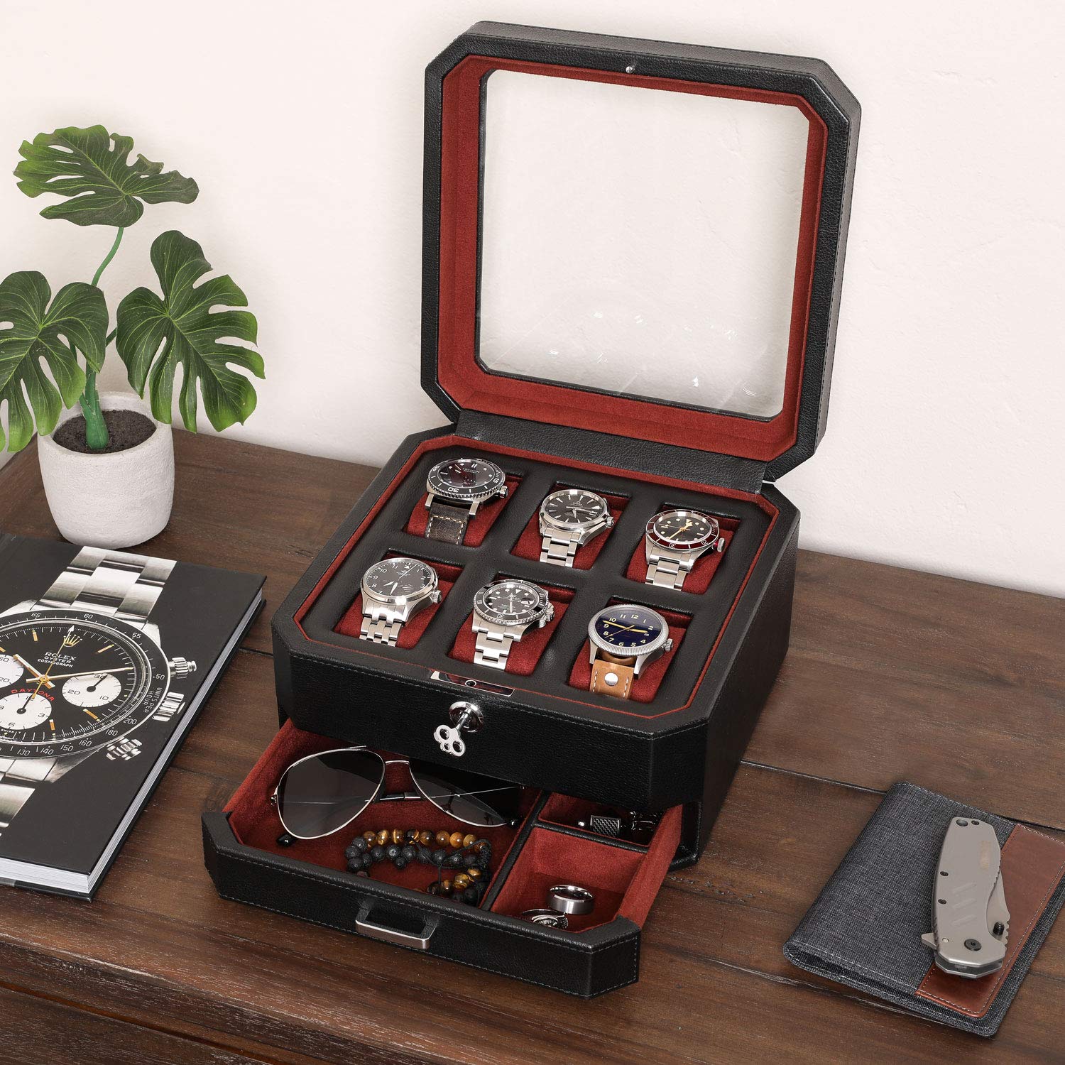 ROTHWELL Gift Set 6 Slot Leather Watch Box and 2 Watch Travel Case (Black/Red) - Image 9